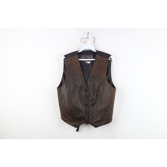 Vtg 90s Streetwear Womens XL Distressed Buckle Back Leather Vest Jacket Brown - Picture 1 of 15